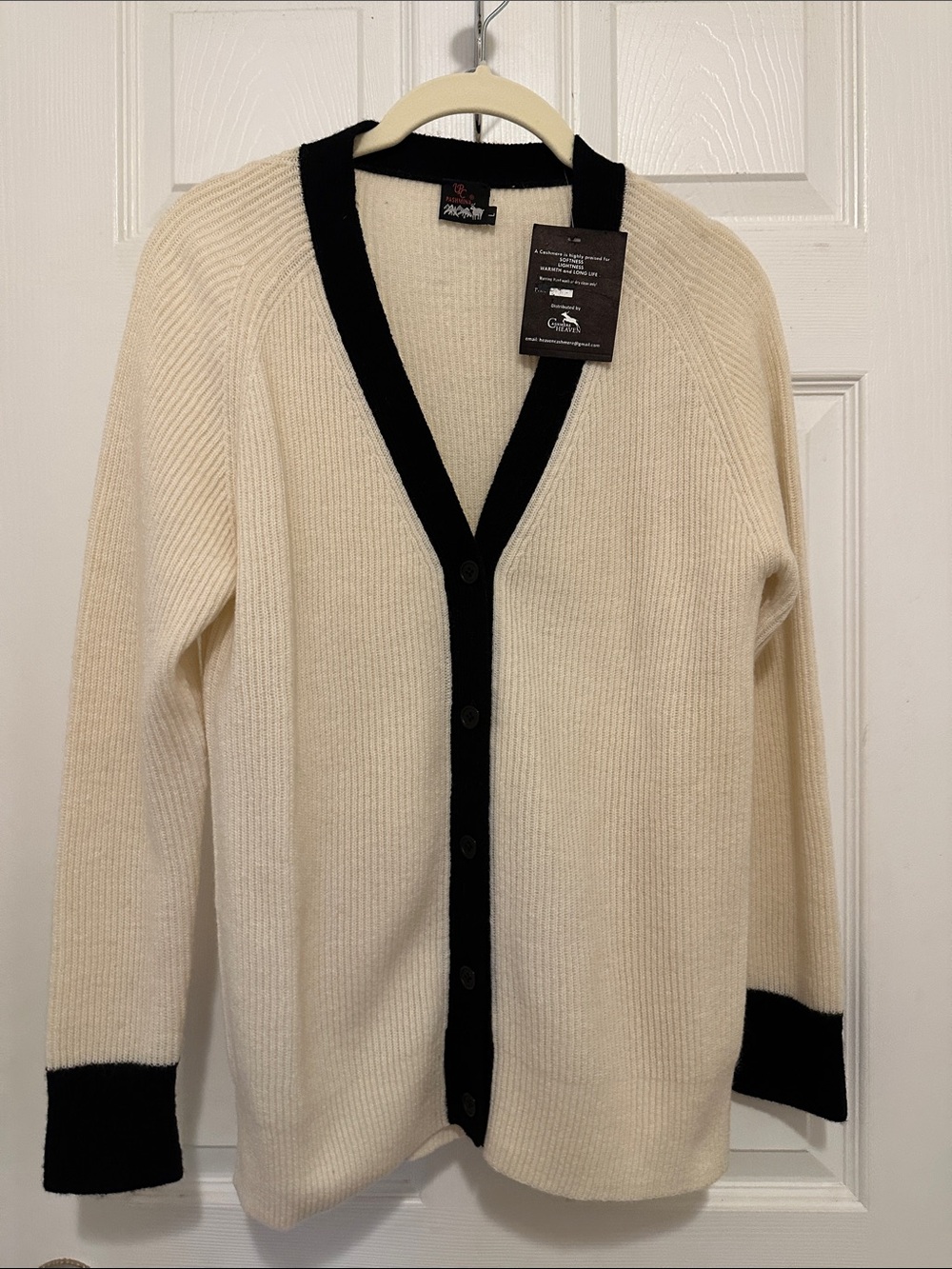 Cashmere Heaven Handmade in Nepal Cream Button Cardigan with Black Trim